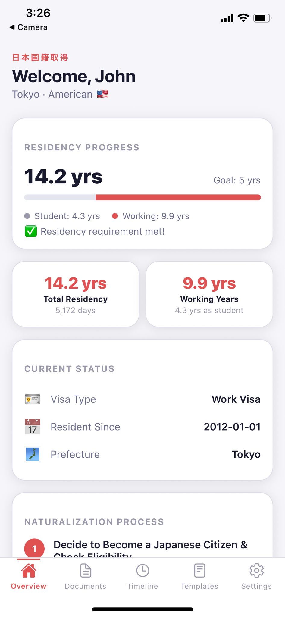 Naturalize Japan dashboard — residency progress tracker toward 5-year requirement